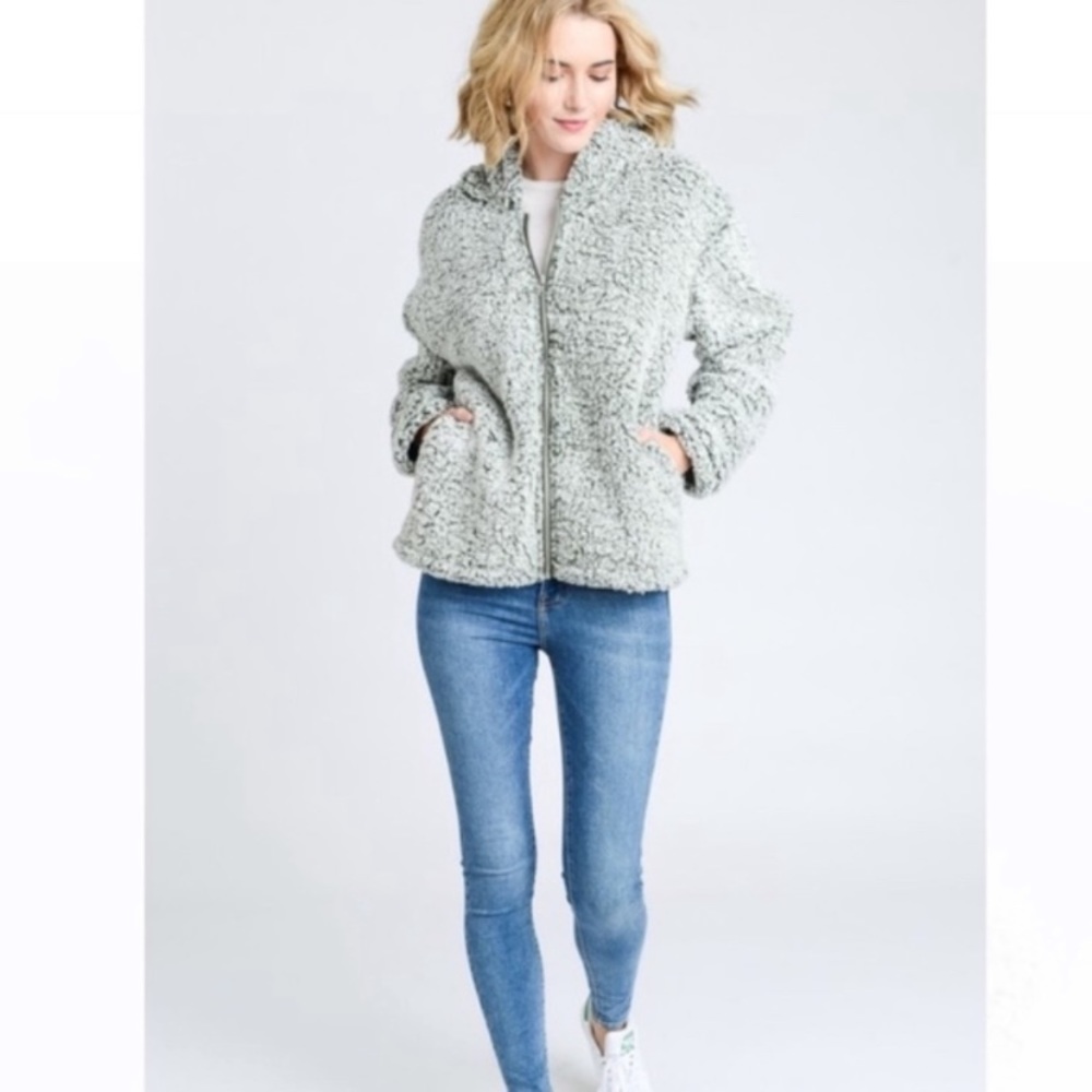 Olive green and white Sherpa hooded zip up jacket Small S Medium M - Picture 4 of 8